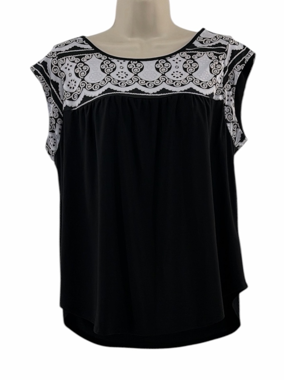 PerSeption Concept Women's White Lace Puff Graphics Yoke Cap Sleeves Black Top